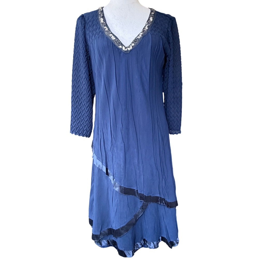 Komarov Jewel Neck Beads Hand Pleated Tiered Dress Small Cocktail Wedding Party